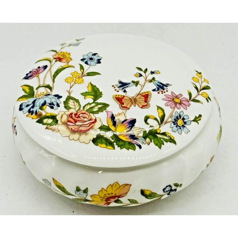 Aynsley Fine China England Cottage Garden Pattern Round Trinket Box 4 inch
